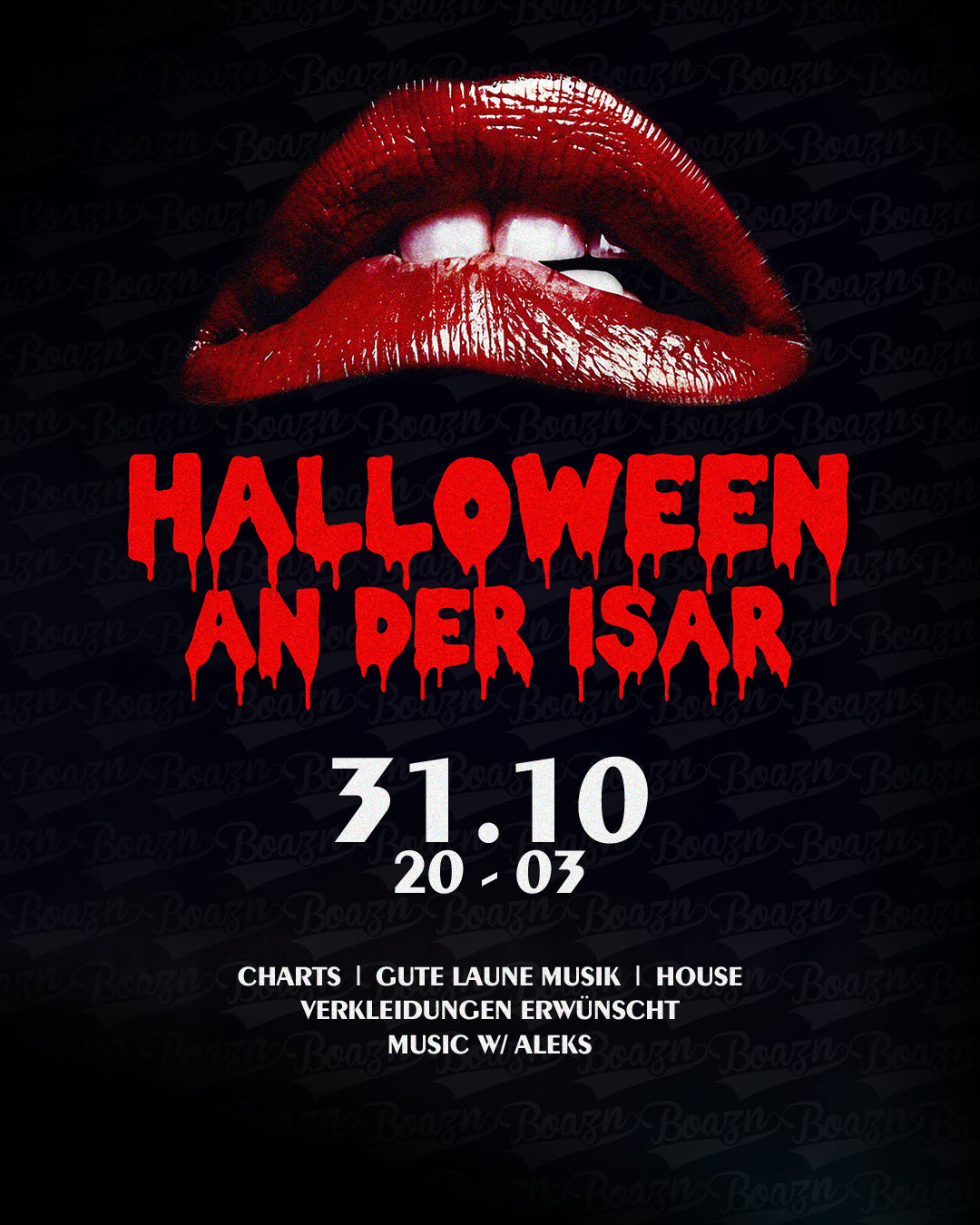 Flyer Halloween an der Isar am 31.10.2026 in der Boazn München – Musik mit DJ Aleks, Verkleidungen erwünscht