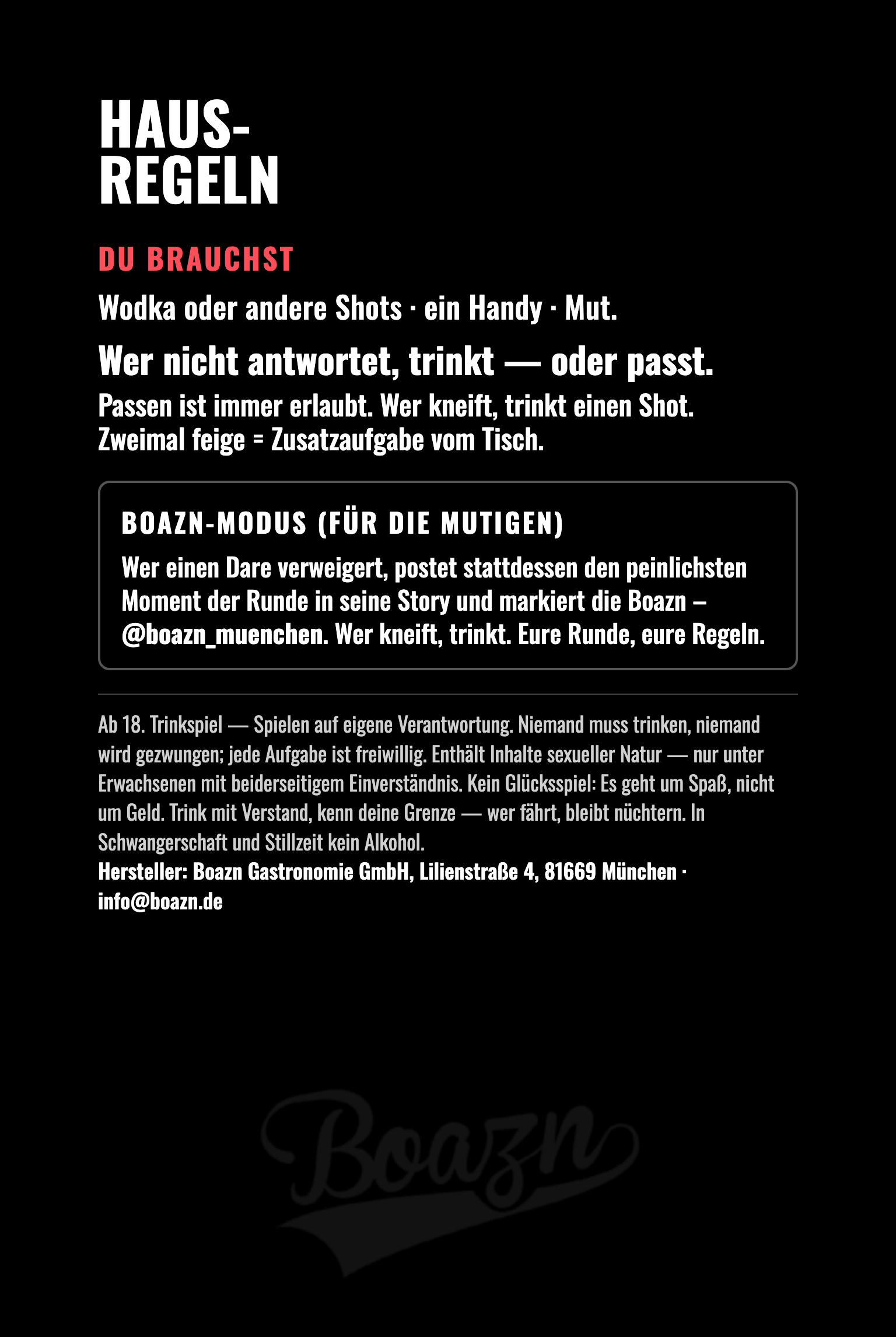 Hausregeln-Karte des Kartenspiels Wahrheit oder Wodka der Boazn München