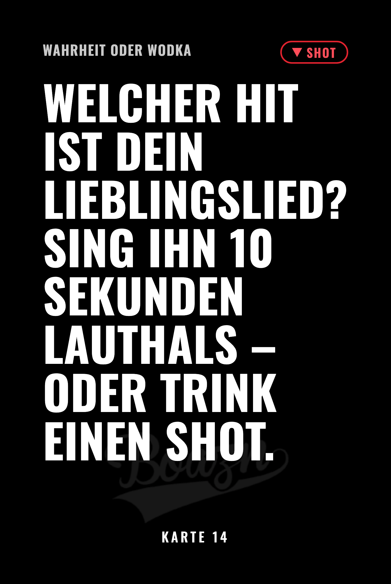 Shot-Karte aus dem Kartenspiel Wahrheit oder Wodka der Boazn München